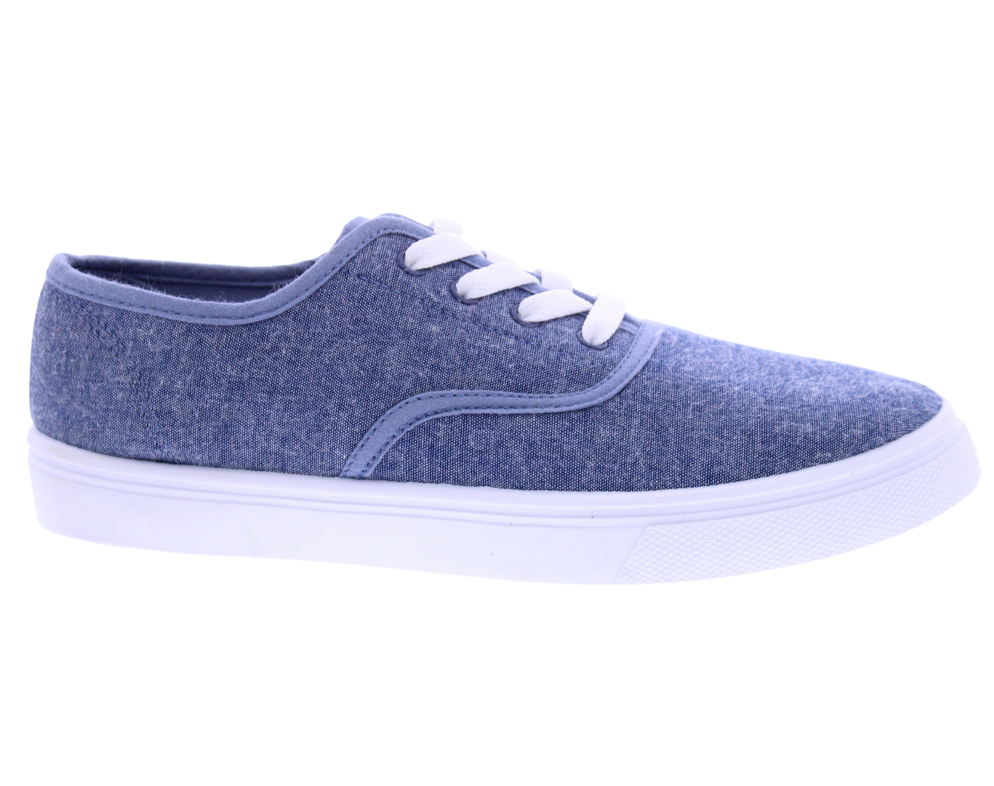 Blue sneaker with white laces on a white background