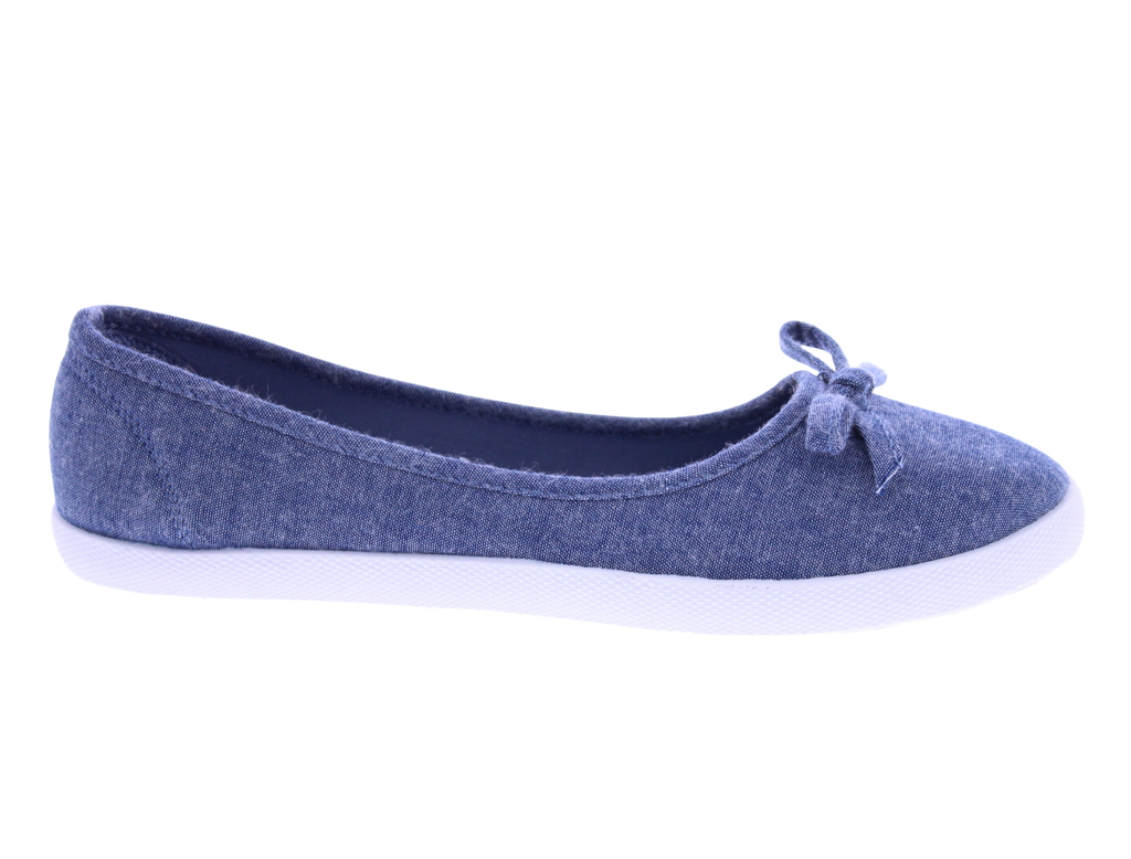 Blue denim shoe with a white sole on a white background