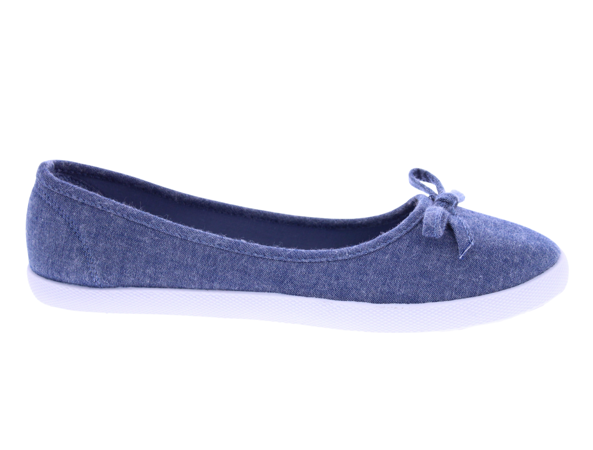 Blue denim shoe with a white sole on a white background