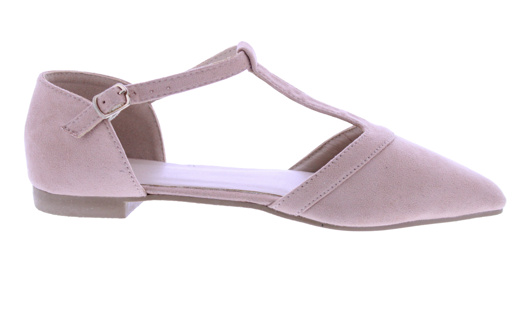 Beige flat shoe with a T-strap on a white background
