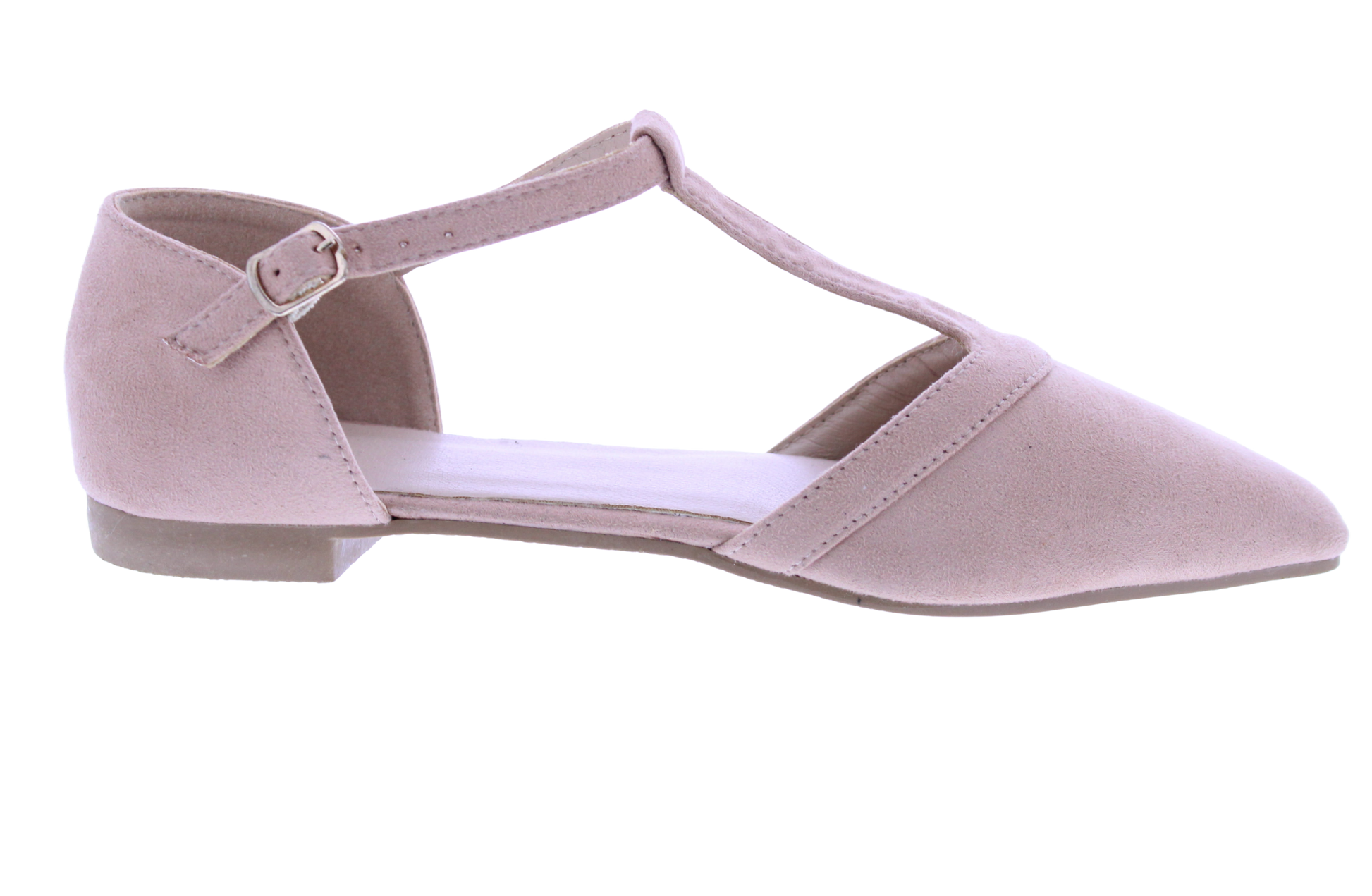 Beige flat shoe with a T-strap on a white background
