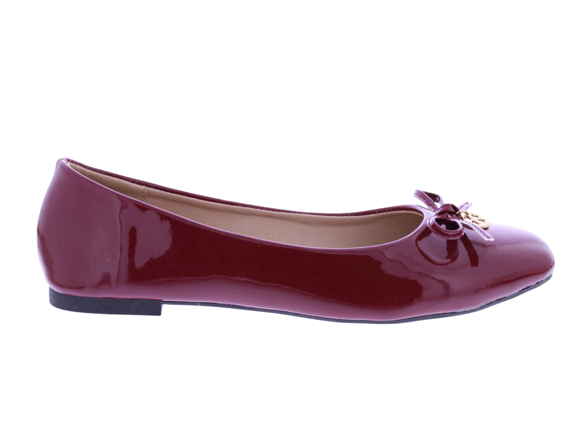 Shiny red ballet flat shoe on a white background