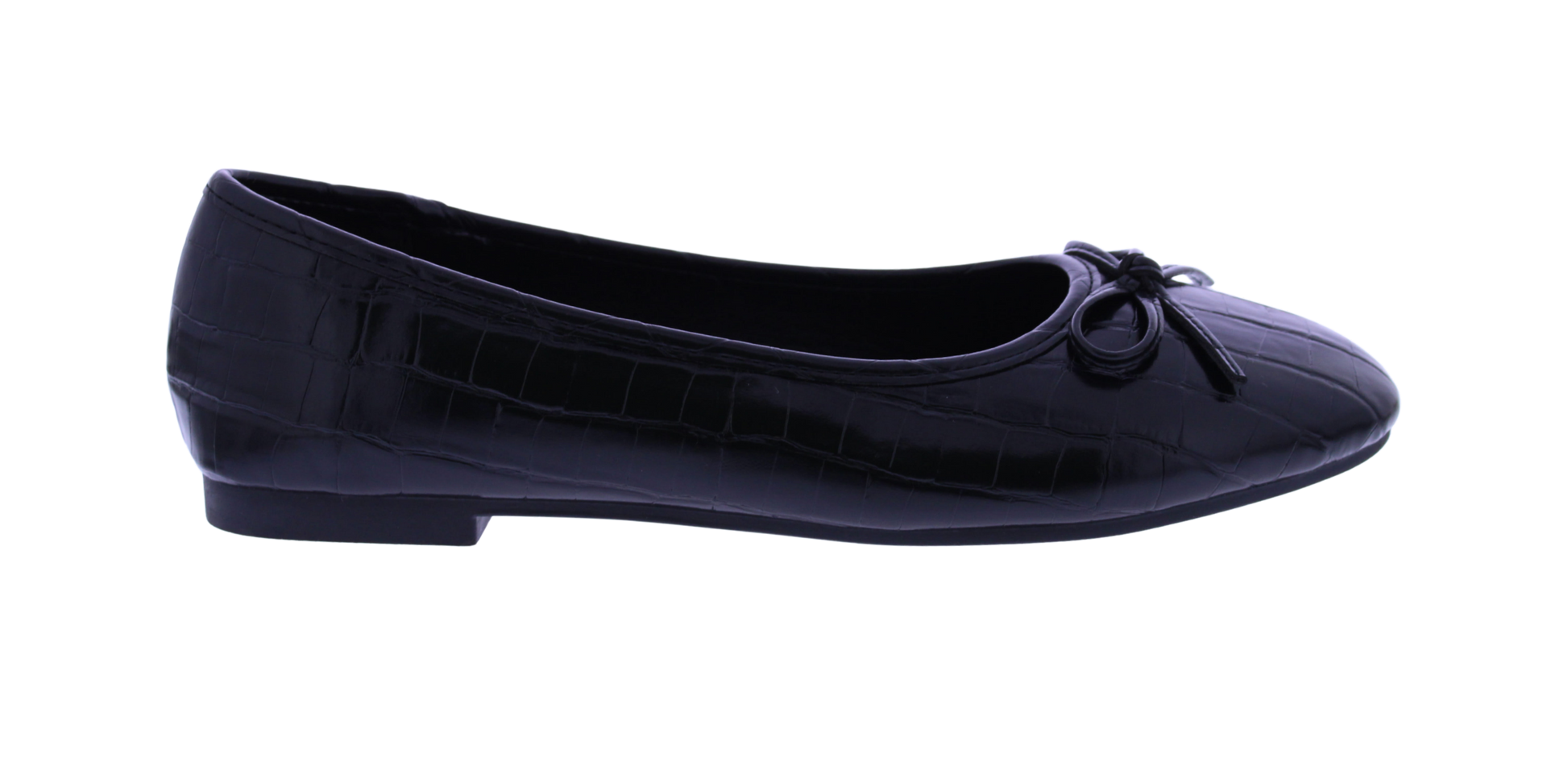Black flat shoe with a bow on a white background