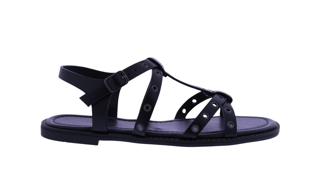 Black sandal with multiple straps on a white background