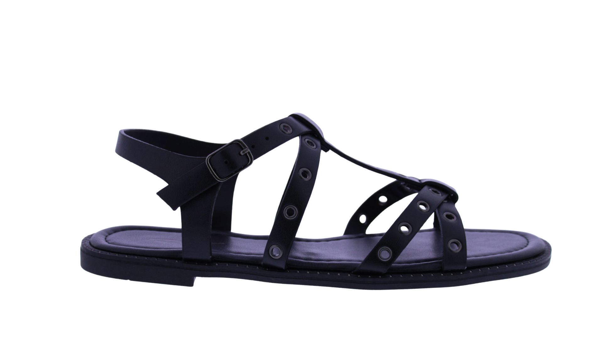 Black sandal with multiple straps on a white background