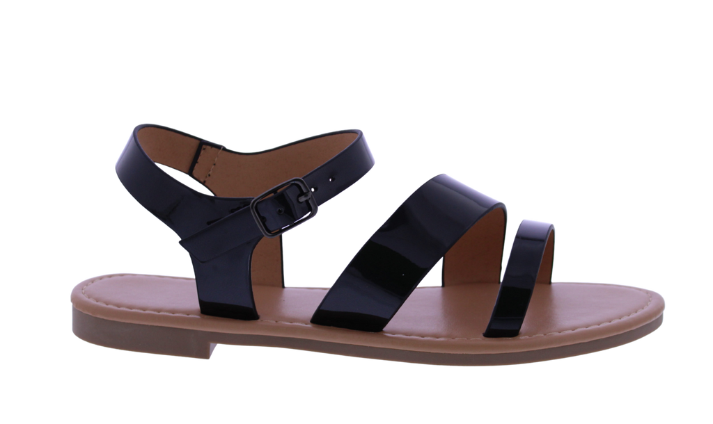 Black sandal with multiple straps on a white background