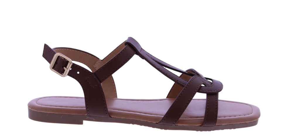 Brown sandal with multiple straps on a white background