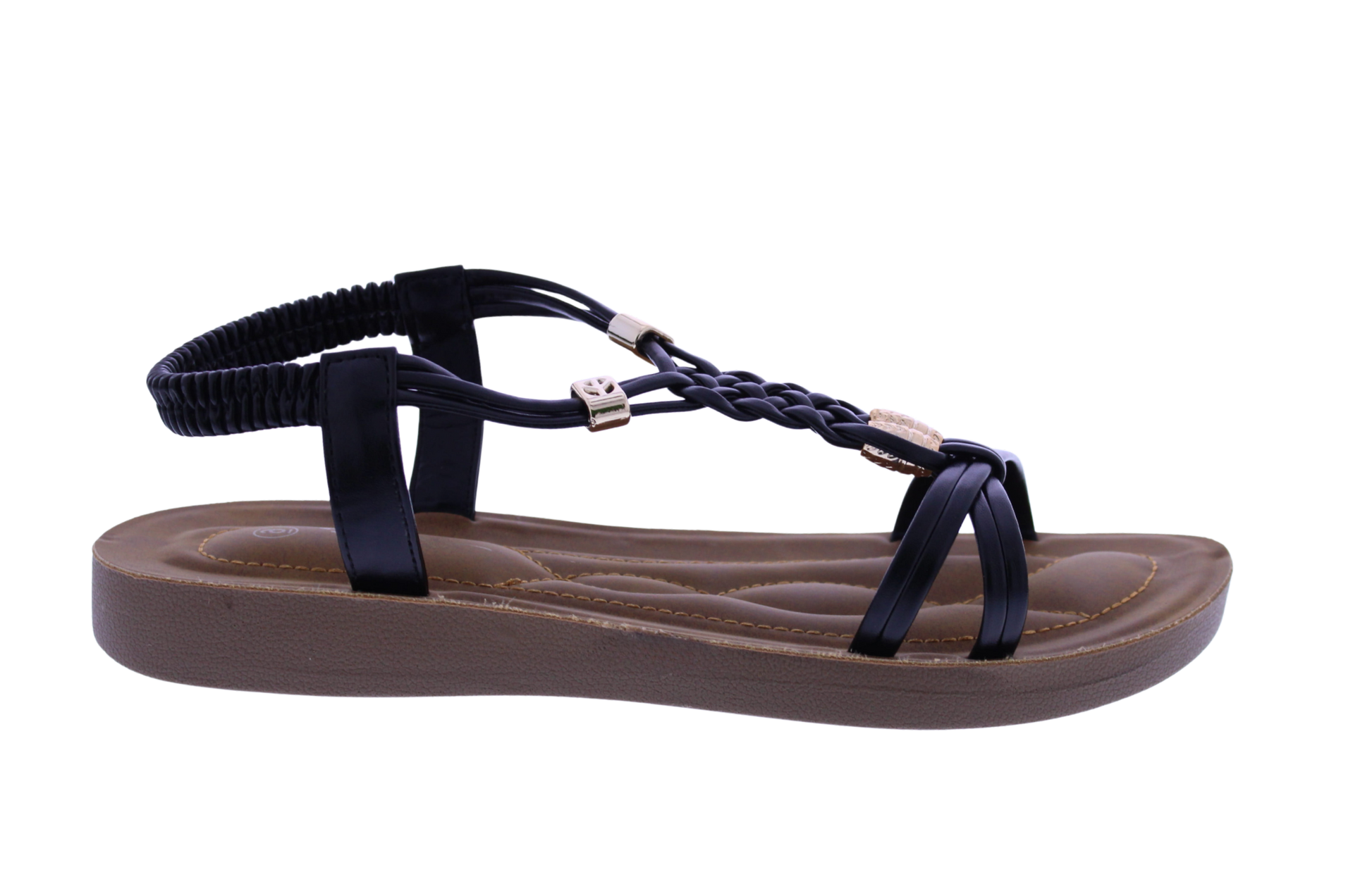 Black sandal with braided design on a white background