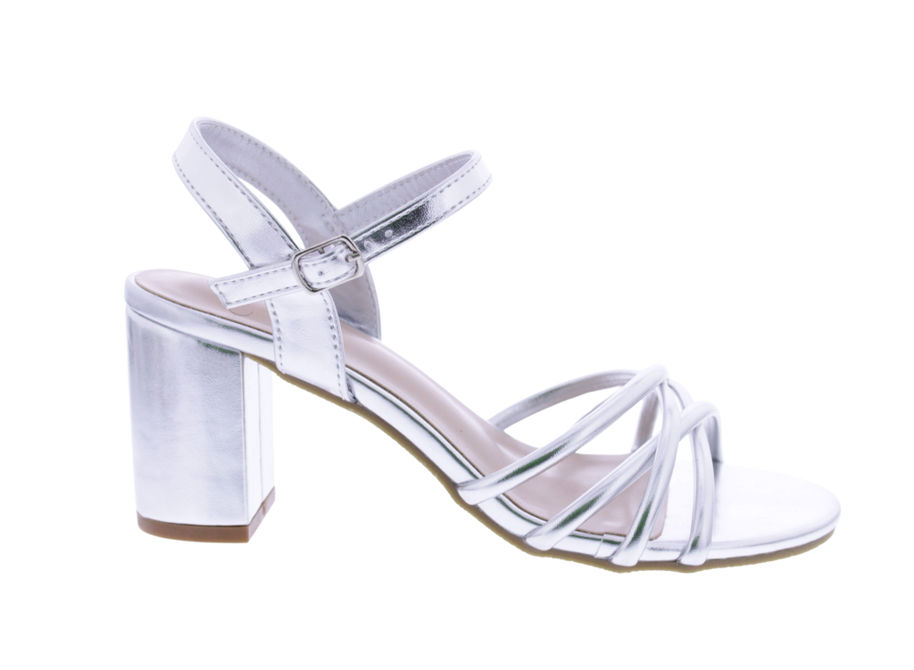 Silver high-heeled sandal on a white background