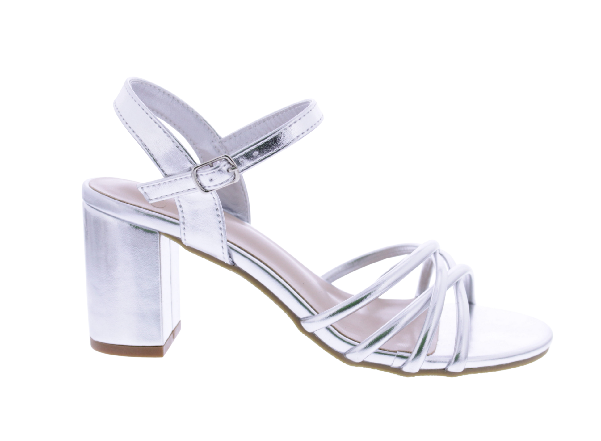 Silver high-heeled sandal on a white background