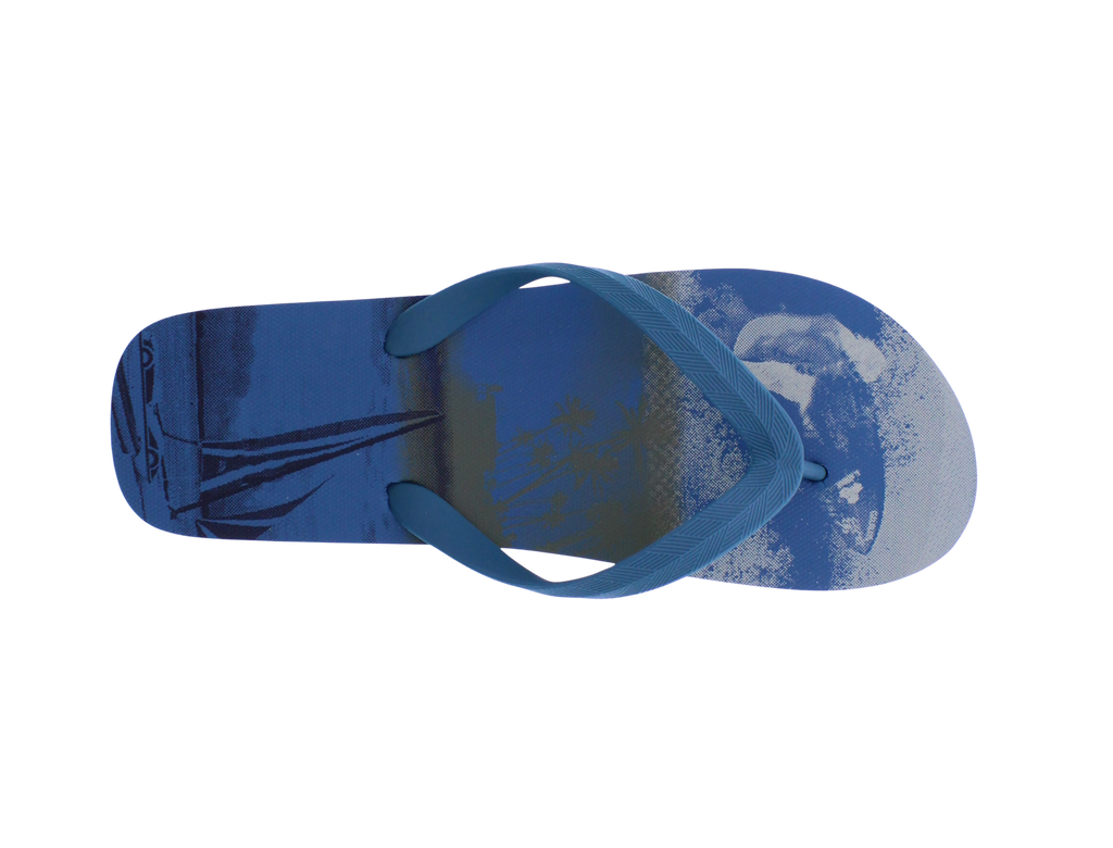 A single blue flip-flop sandal with a printed graphic of a sailboat on water, shown from a top-down view against a plain white background.