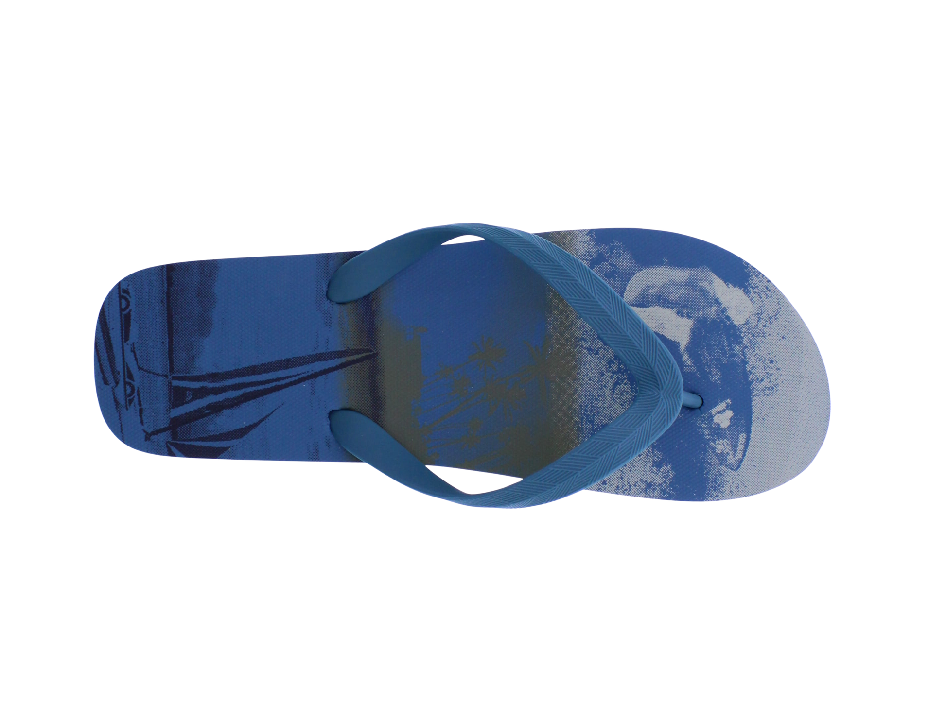 A single blue flip-flop sandal with a printed graphic of a sailboat on water, shown from a top-down view against a plain white background.