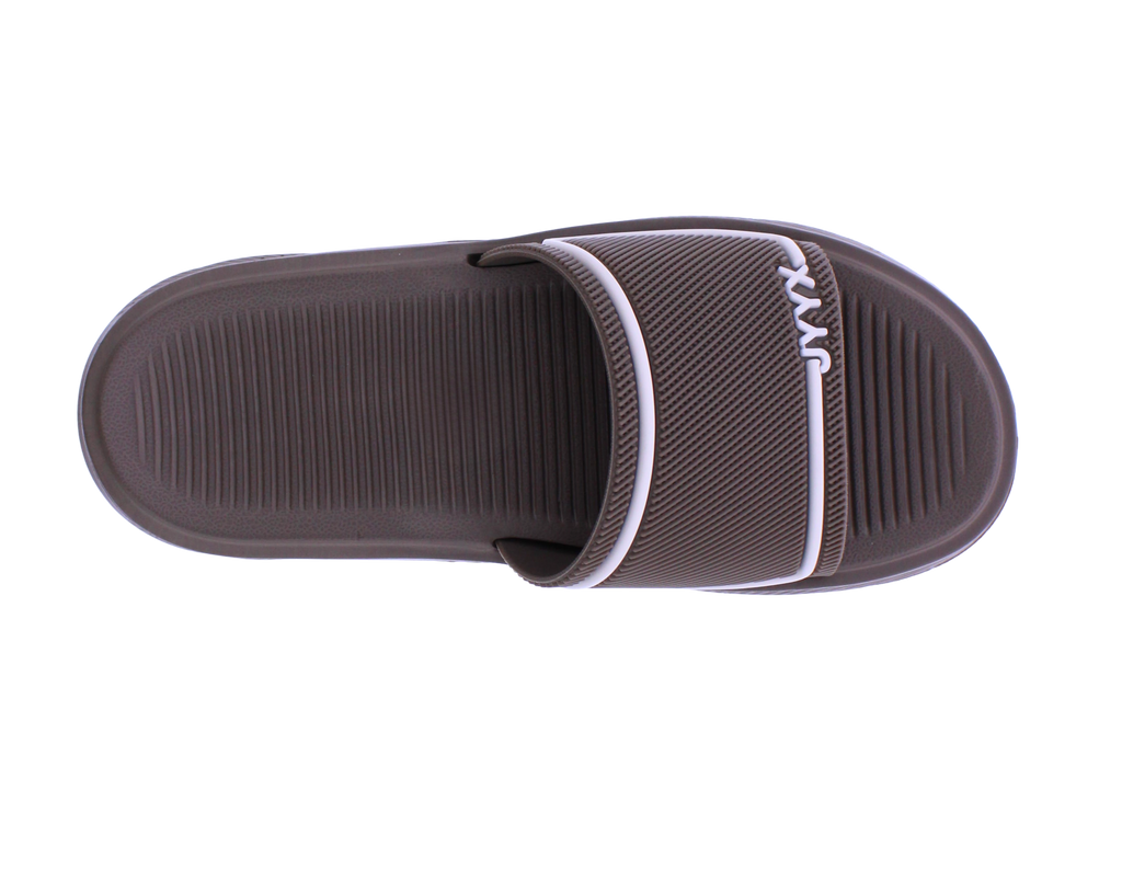 Brown slide sandal with white strap on a white background