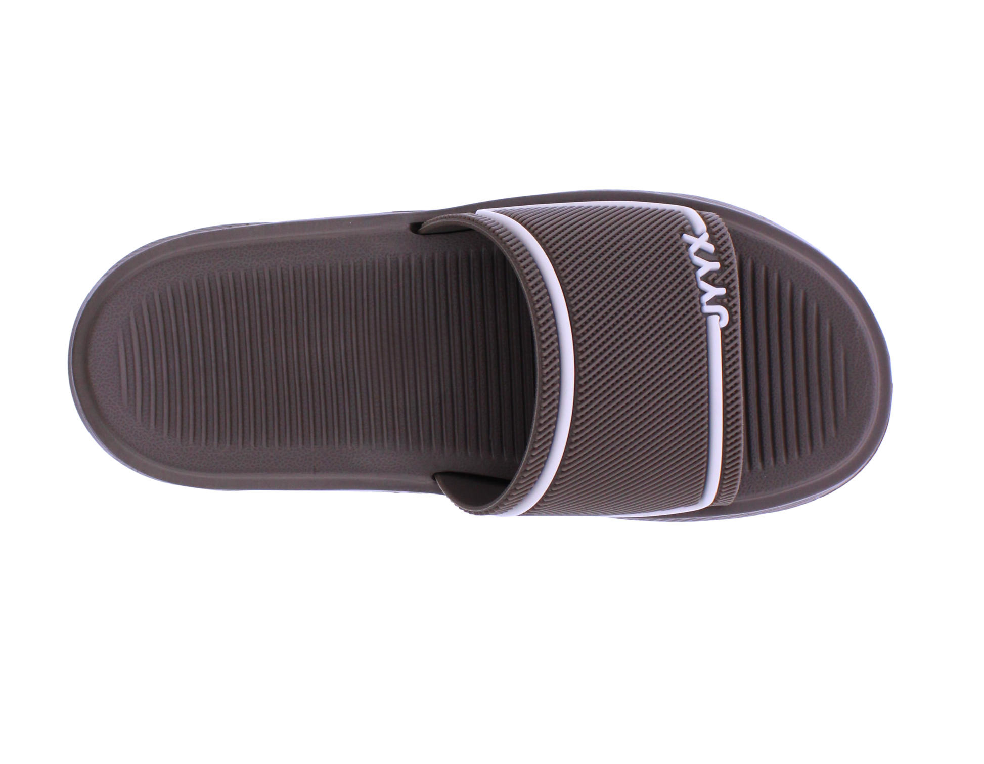 Brown slide sandal with white strap on a white background