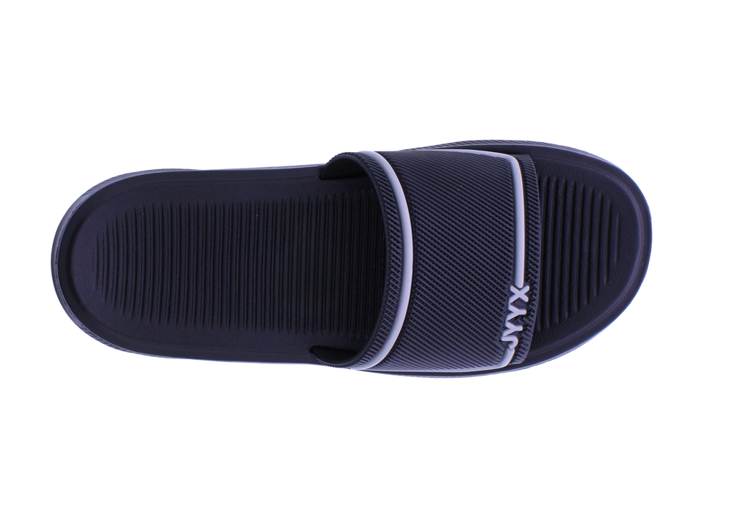 Navy slide sandal with a white brand logo on a white background