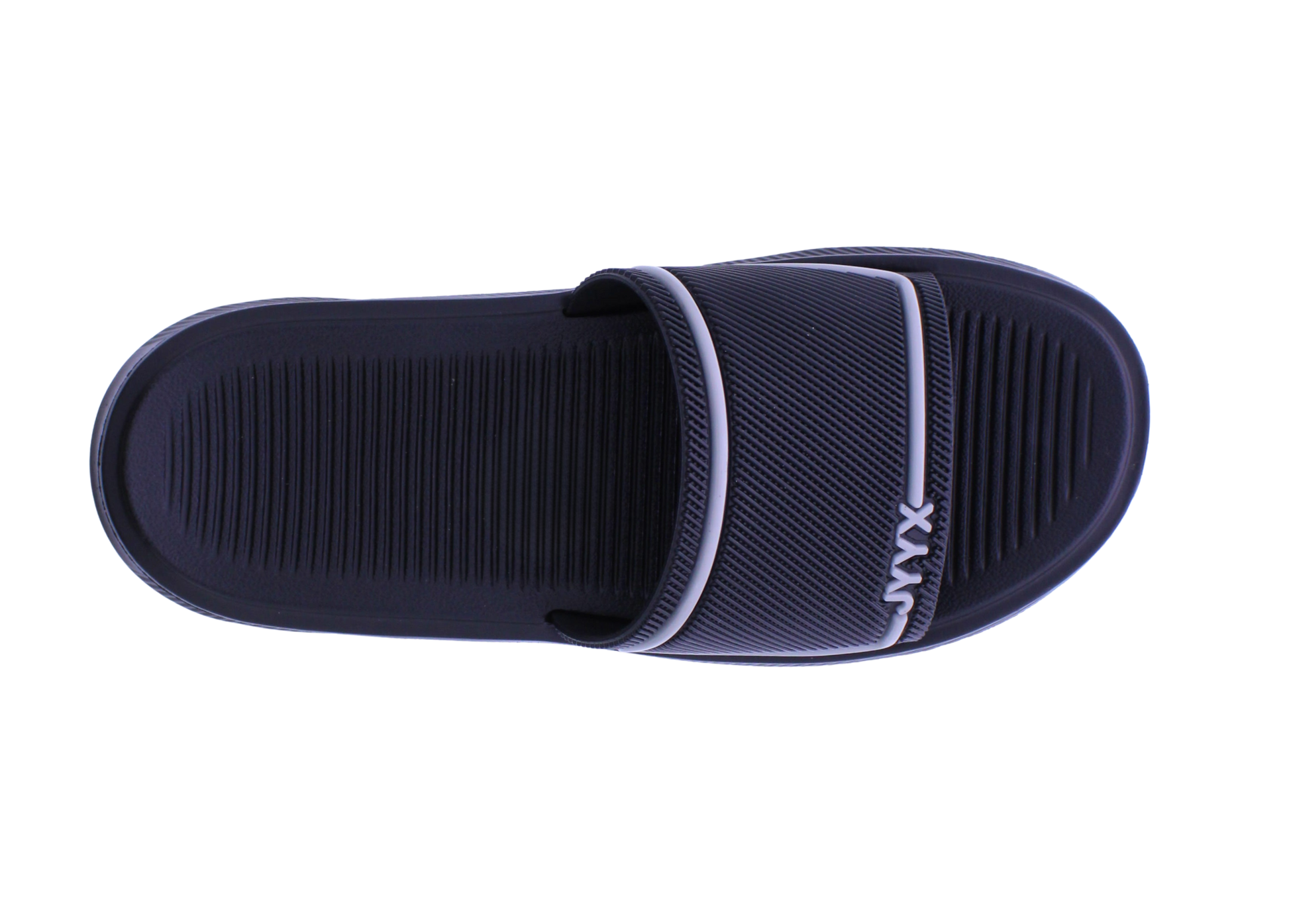 Navy slide sandal with a white brand logo on a white background