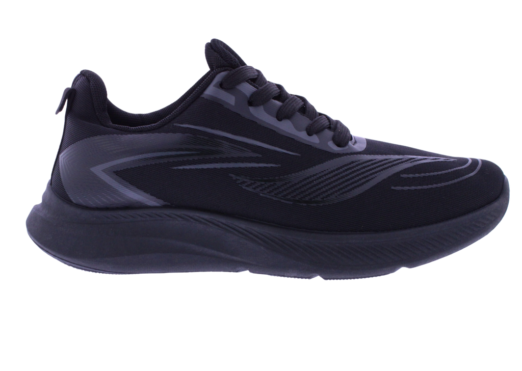 A black athletic sneaker with dark gray accents, featuring a breathable mesh upper, lace-up closure, and a thick cushioned sole, shown from a side profile on a white background.