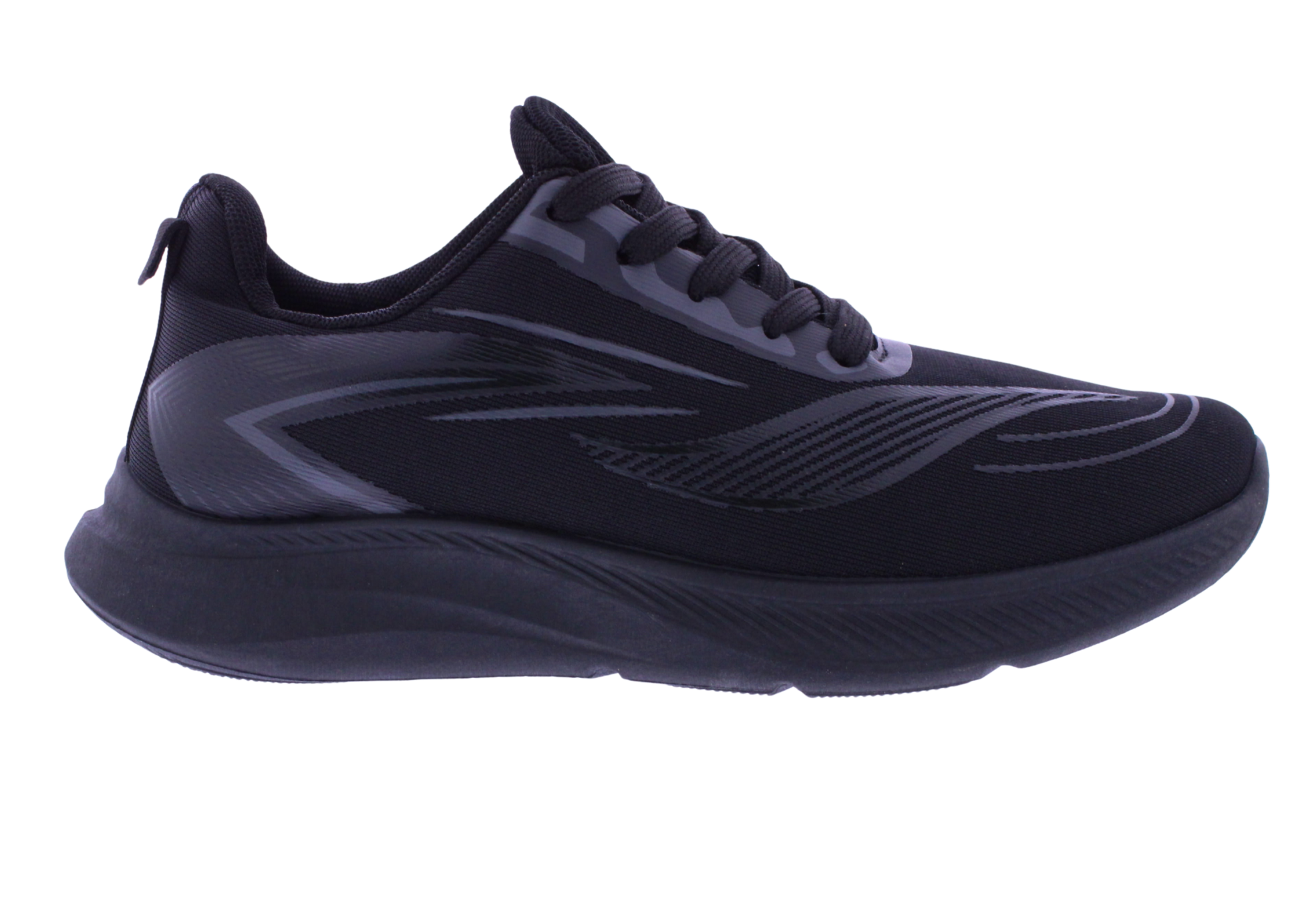 A black athletic sneaker with dark gray accents, featuring a breathable mesh upper, lace-up closure, and a thick cushioned sole, shown from a side profile on a white background.