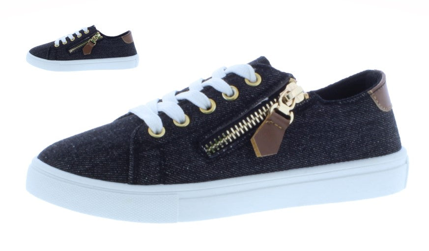 Girls Fabric Lace Up Sneaker with Decorative Zipper