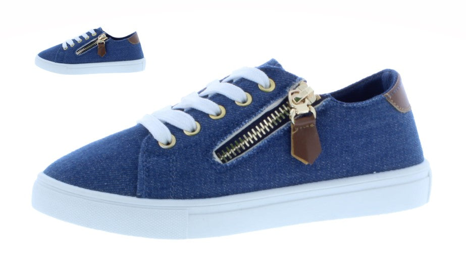 Girls Fabric Lace Up Sneaker with Decorative Zipper