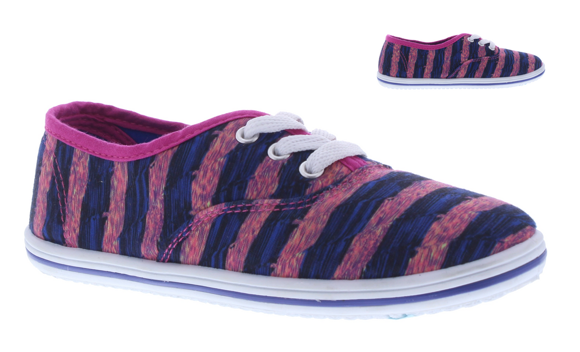 Girls Fabric Lace Up Sneaker with Stripe Print